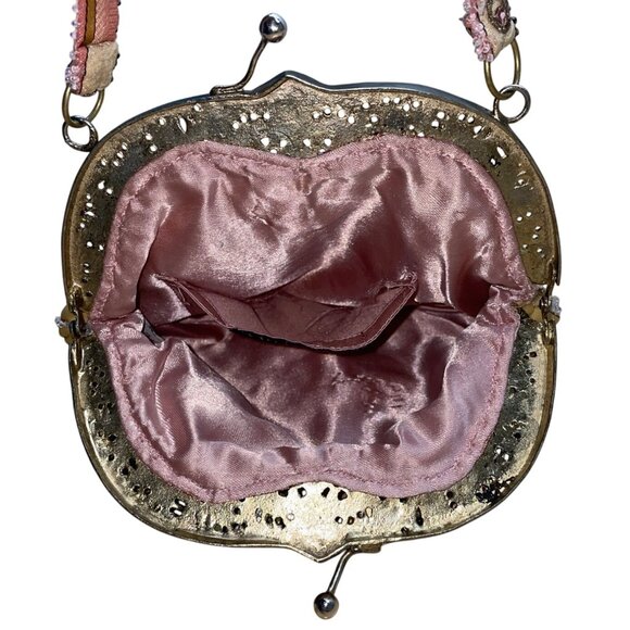 Vintage Christiana Pink Satin Lining Beaded Embroidered Metal Frame Handbag Sz S - Picture 5 of 9
